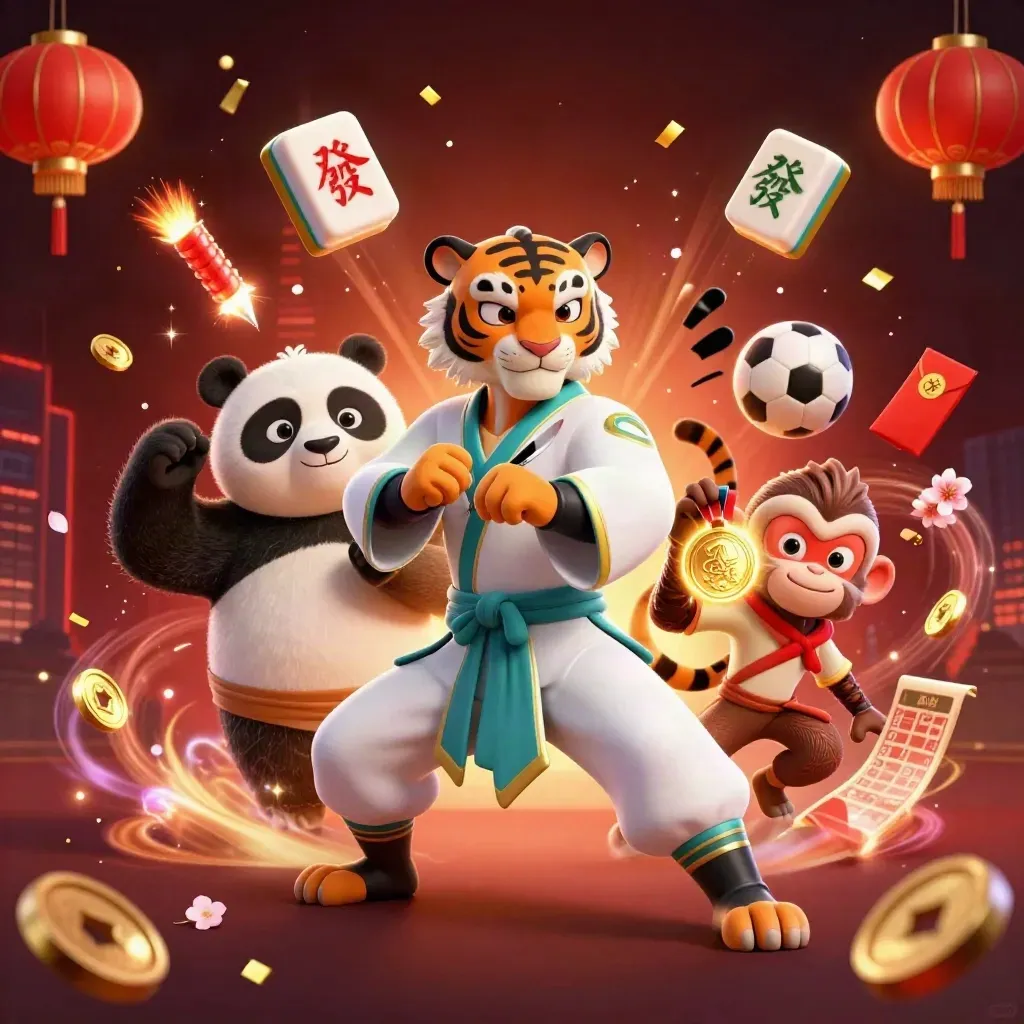 Kung fu-tiger, panda och apa i explosiv casinoscen med lyktor, mynt och sportbollar