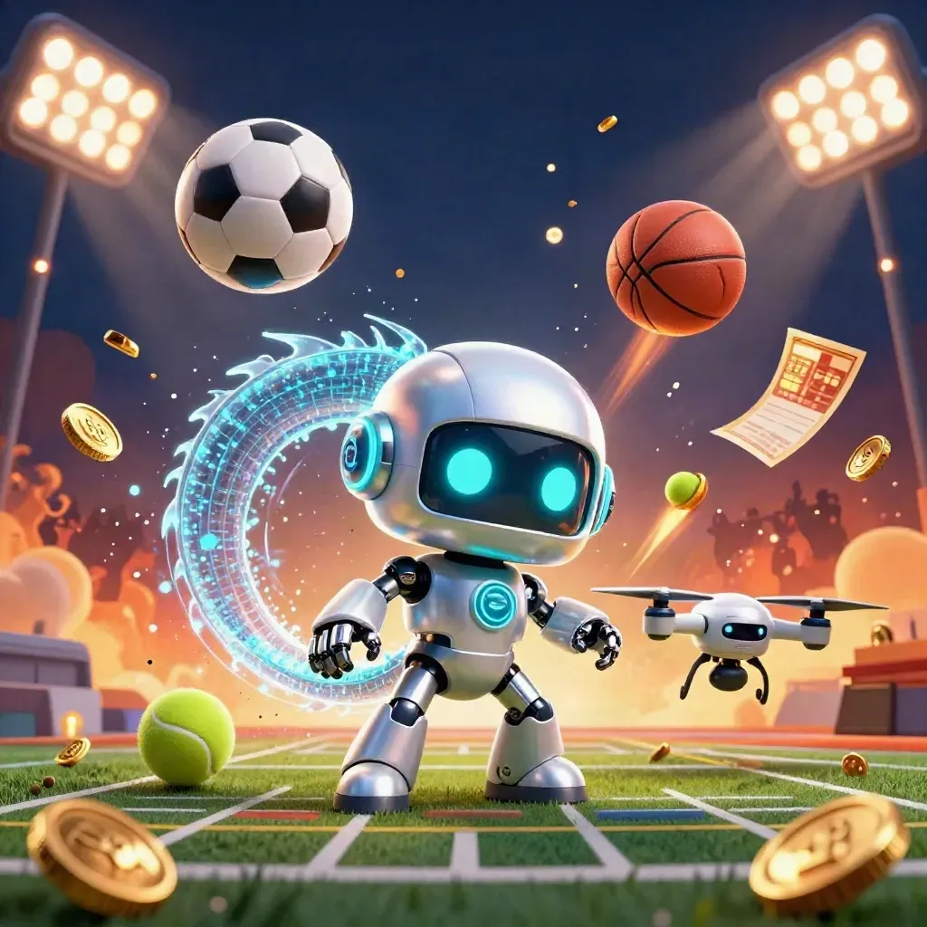 Robot, drake och drönare i explosiv sportaction med bollar, mynt och gyllene ljus.