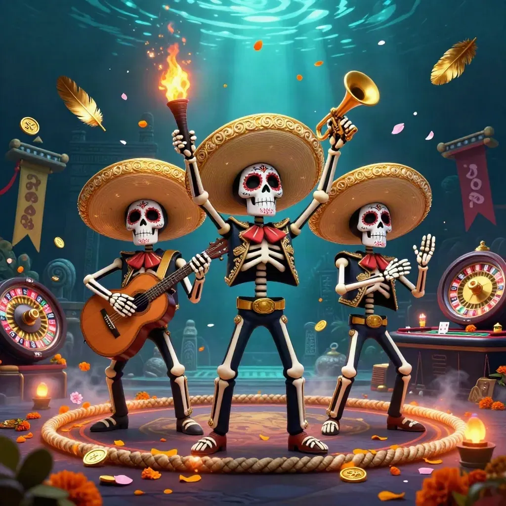 Tre skelettmariachis i guldsombrero bland casinoeffekter och neonljus