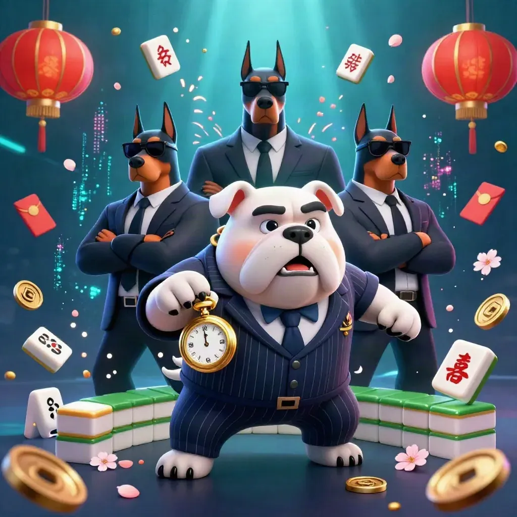 En bulldog-maffiaboss med två dobermans, omgiven av mahjongbrickor, lyktor och mynt i neon.