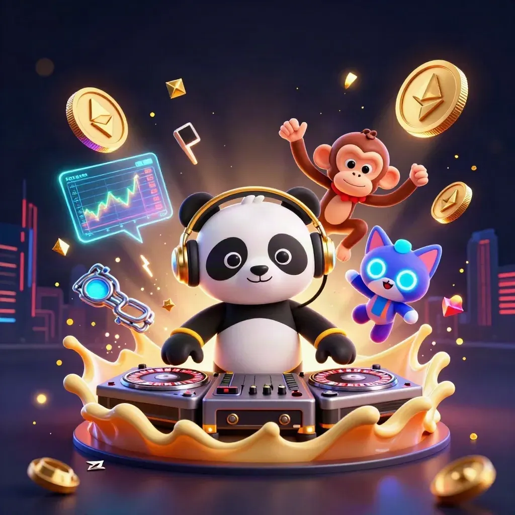 DJ-panda, dansande apa och glödande katt med bitcoin, neon och mörk stadssilhuett