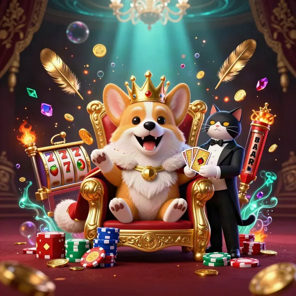 Kunglig corgi och kattbutler bland tempel, mynt och neonljus i lyxig casinostil.