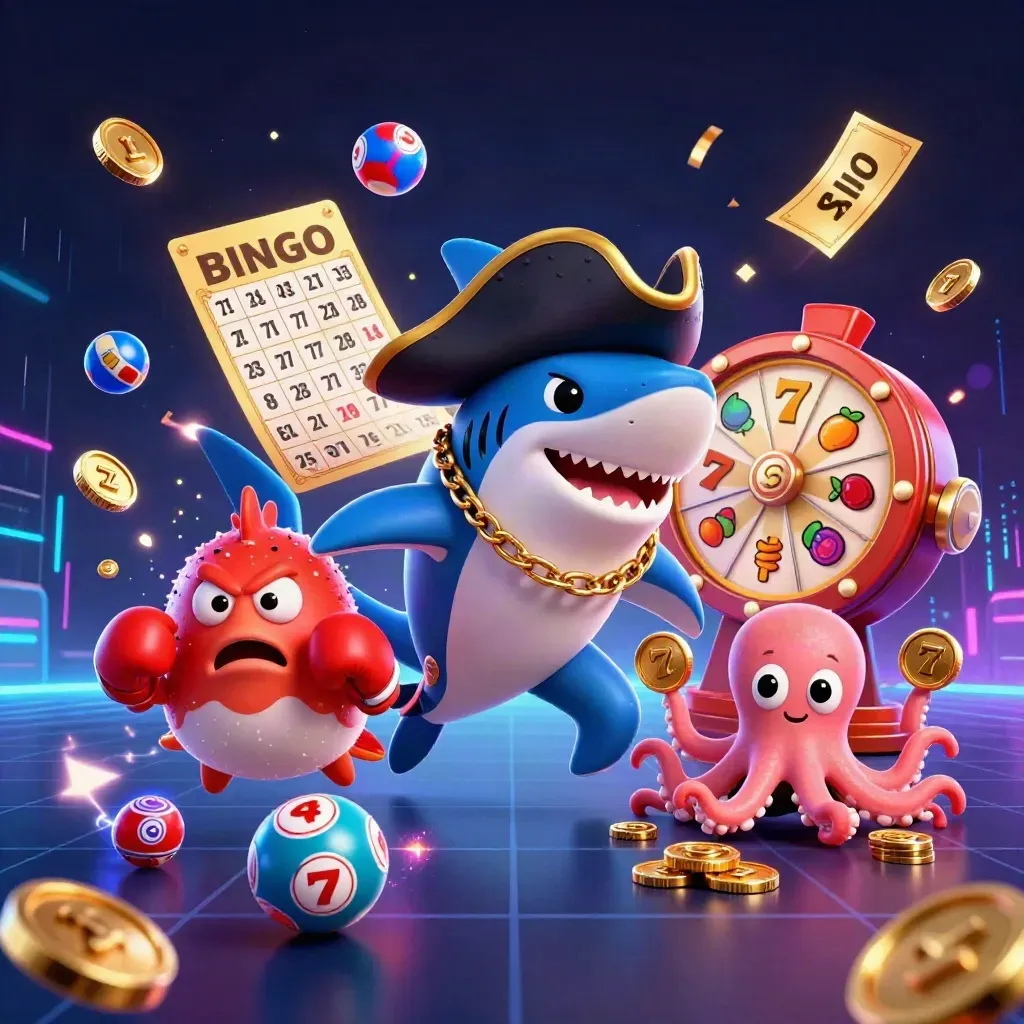 Piratshark, röd blåsfisk och liten bläckfisk i neon med casinomynt och lyckohjul.