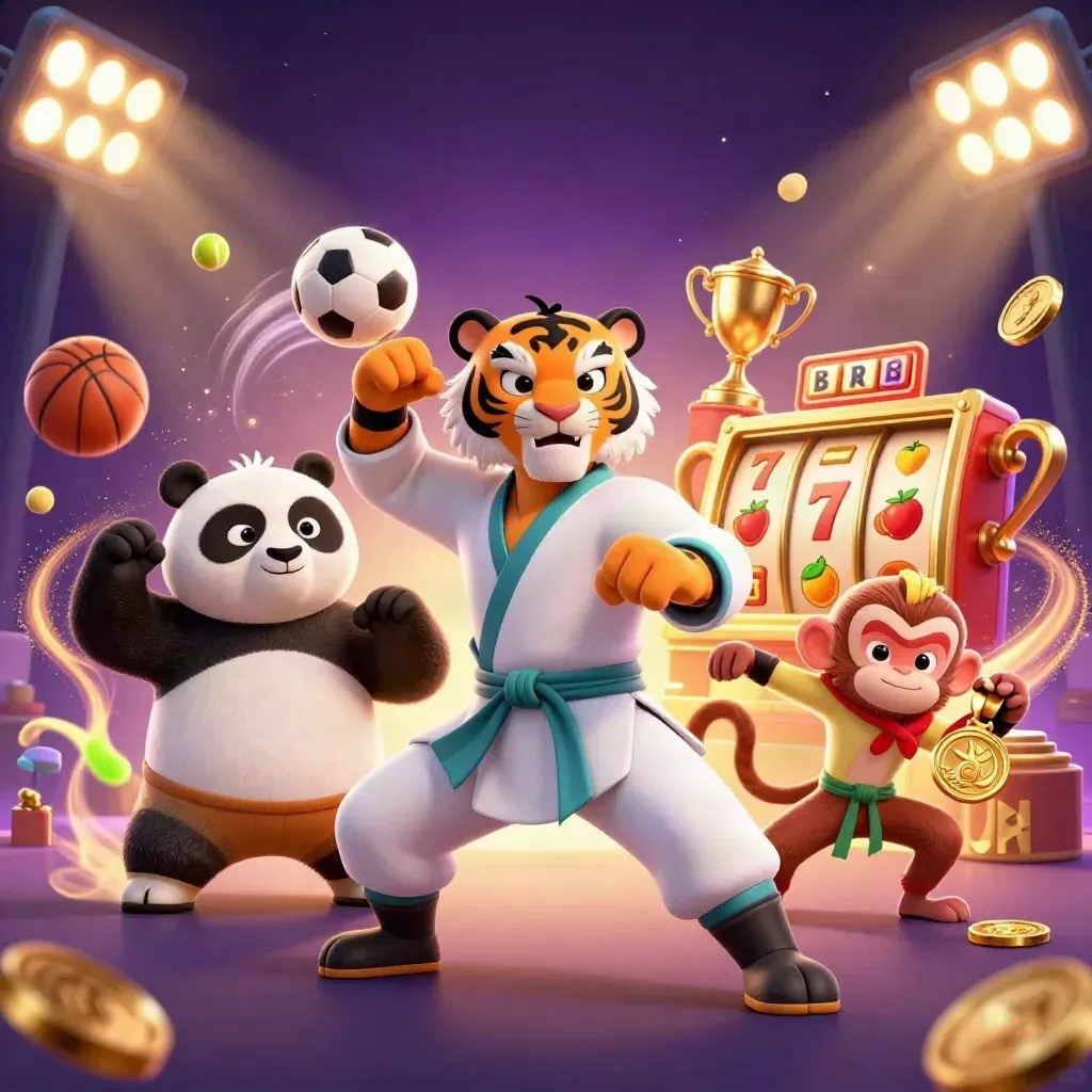 Kung-fu tiger, panda och apa bland guldmynt, sportbollar och slotreels i neonlila.