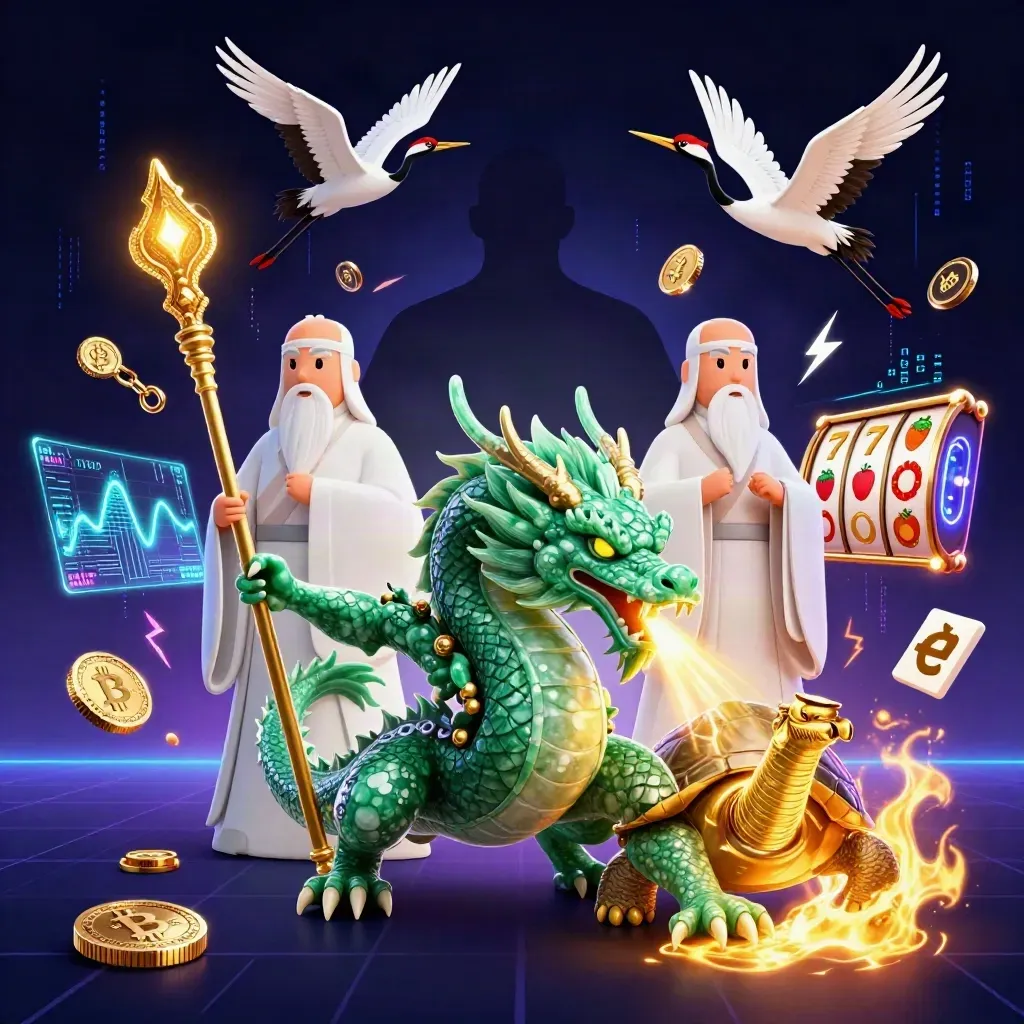 Grön drake, sköldpaddsage och tranor i neon med gyllene eld och kasinoeffekter.