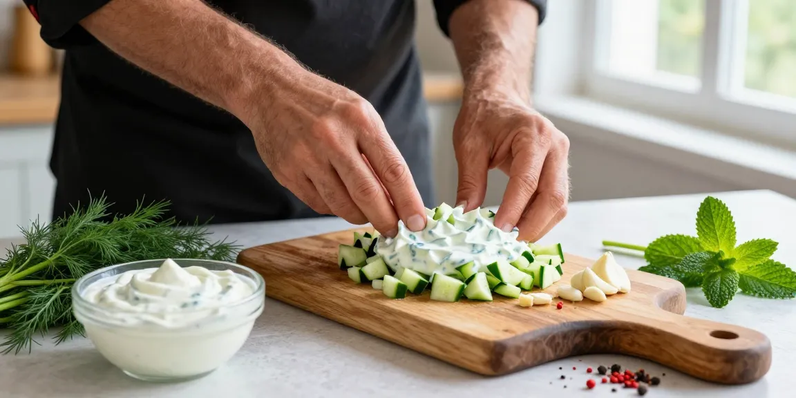 Recept tzaziki med färska örter och grönsaker i ett ljust kök.